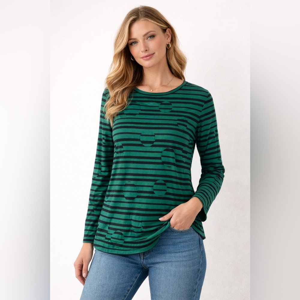 Chico's- Green and Black Striped‎ Long Sleeve Top Size 4/6